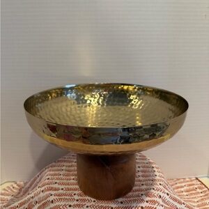 Ramsey Acacia Wood Base Steel Bowl-Gold Brown Indoor Outdoor Tabletop Home Decor